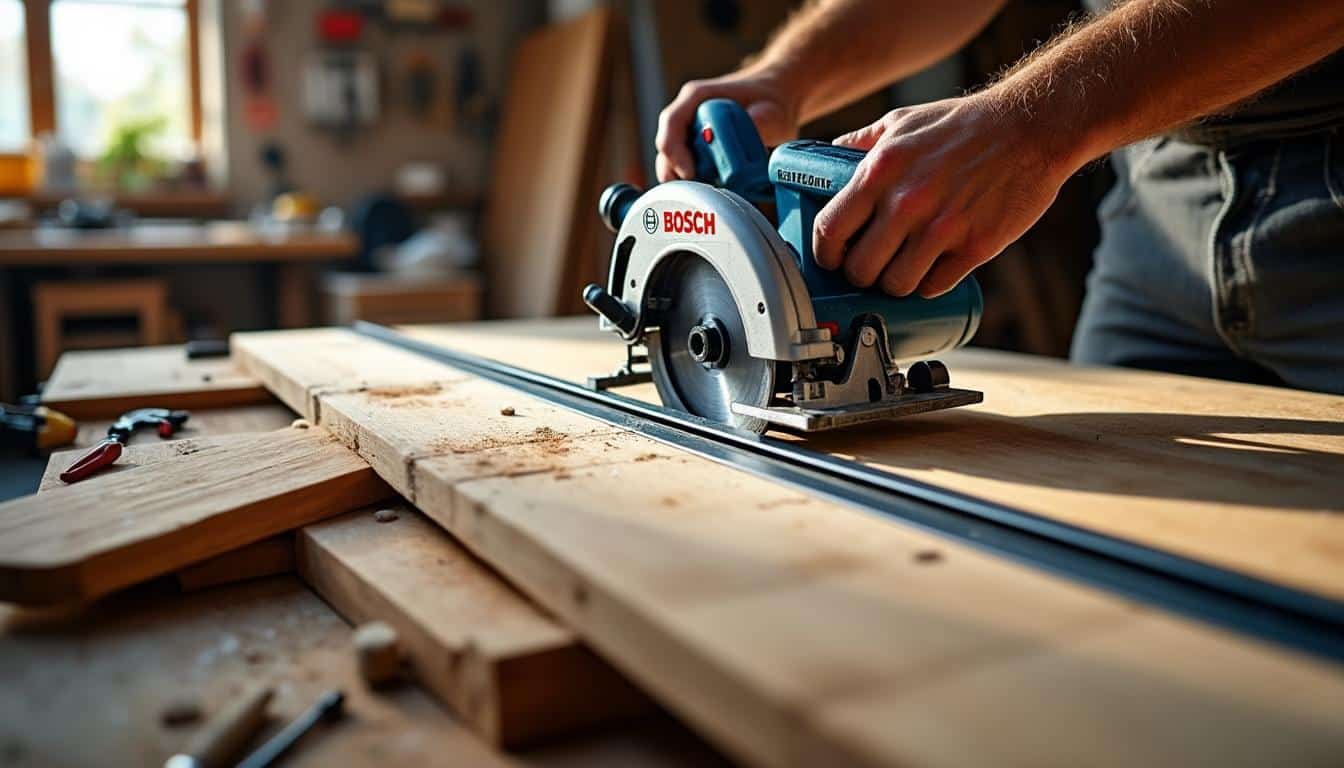 Illustration: Le fonctionnement du rail avec une scie circulaire Bosch : fixation et compatibilité